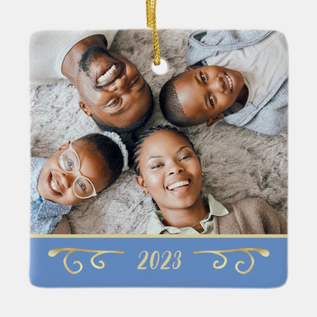 Custom 2 Photo Family Photo Medium Blue Gold Ceramic Ornament (Front)