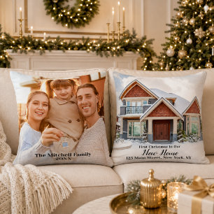 Custom 2 Photo First Christmas New Home Address Throw Pillow