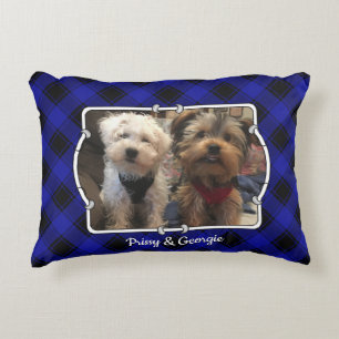 Custom 2 Photo Frame Blue & Black Plaid Accent Pillow