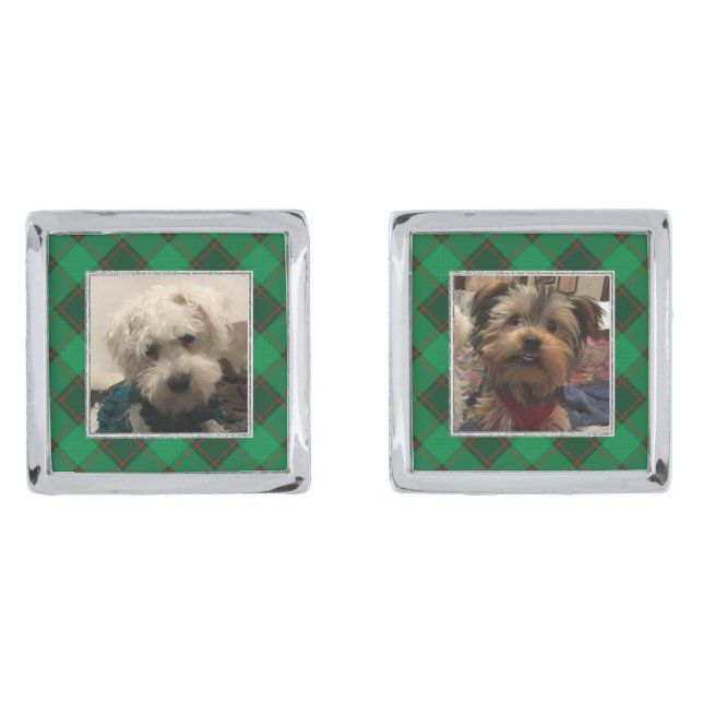 Custom 2 Photo Frame Christmas Green and Red Plaid Cufflinks (Front)