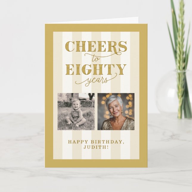 Custom 2 Photo Gold Happy 80th Birthday Card (Front)