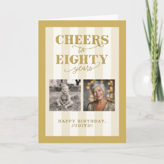 Custom 2 Photo Gold Happy 80th Birthday Card