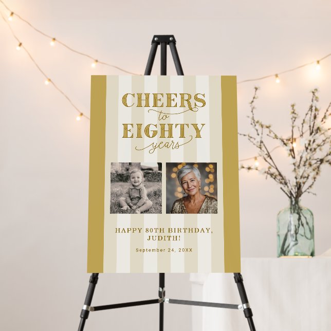 Custom 2 Photo Gold Happy 80th Birthday Foam Board (In Situ (Stand))