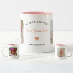 Custom 2 Photo Great Grandma Modern Keepsake Two-Tone Coffee Mug<br><div class="desc">This 2-photo collage pink modern mug features the heartfelt message, "World's greatest Great Grandma." and a beautiful heart. An ideal gift for your great grandmother, the 2-photo template can be personalized with two pictures of favorite great grandchildren, transforming it into a cherished keepsake to be treasured for years to come....</div>