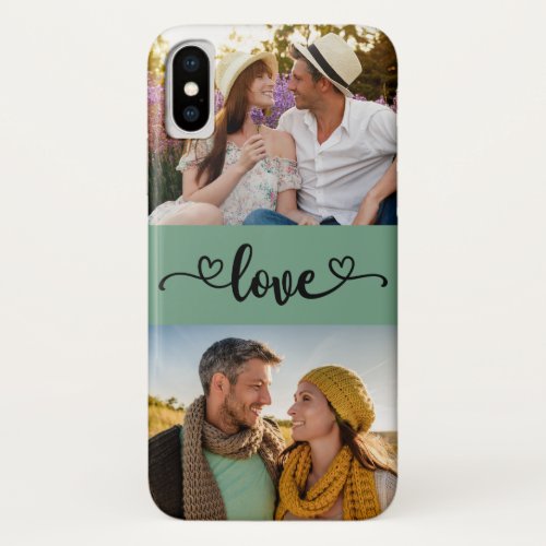 Custom 2 Photo Love Heart Calligraphy Mint Sage iPhone XS Case