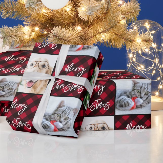 Custom 2 Photo Merry Christmas Red Buffalo Plaid Wrapping Paper (Holidays)