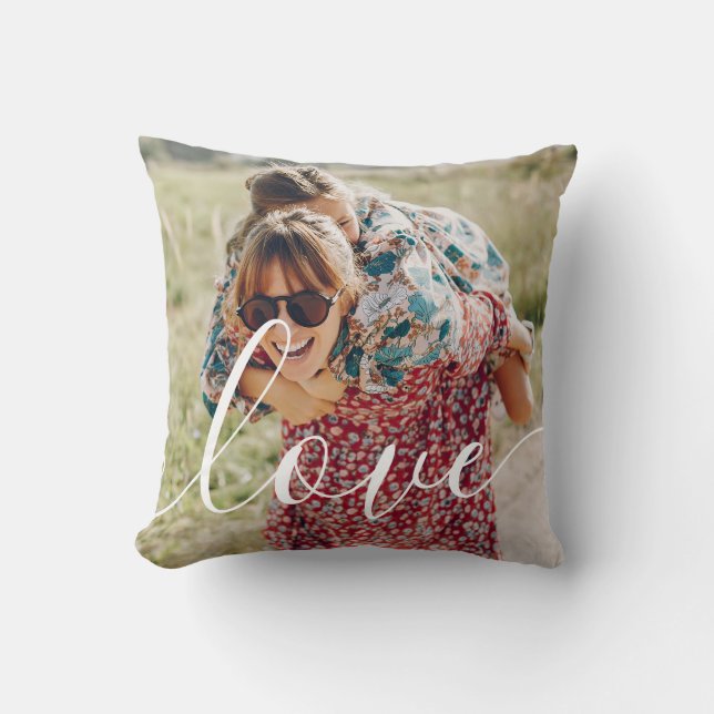 Custom 2 Photo Modern Script Love Family Throw Pillow (Front)