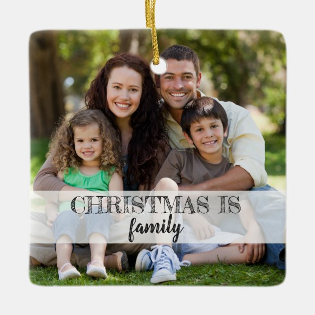 Custom 2-Photo Modern Typography Family Christmas Ceramic Ornament (Front)
