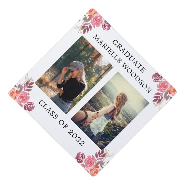 Custom 2 Photo Name And Class Graduation  Cap Topper (Front)