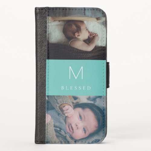 Custom 2 Photo  Name and Monogram Teal Green Blue iPhone X Wallet Case