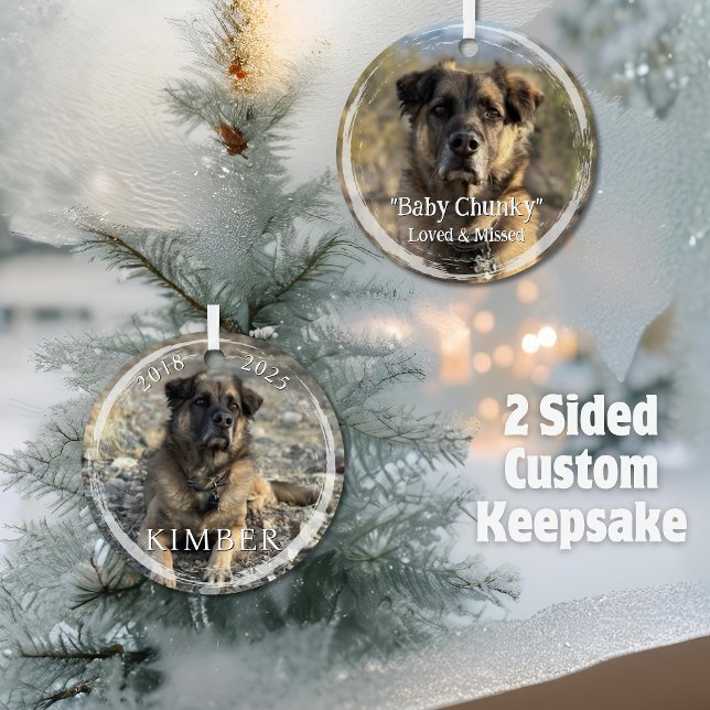 Custom 2 Photo Name Years Remembrance Pet Memorial Metal Ornament (Custom Pet Remembrance Keepsake Gift with 2 Photos of your dog cat horse, years and custom message)