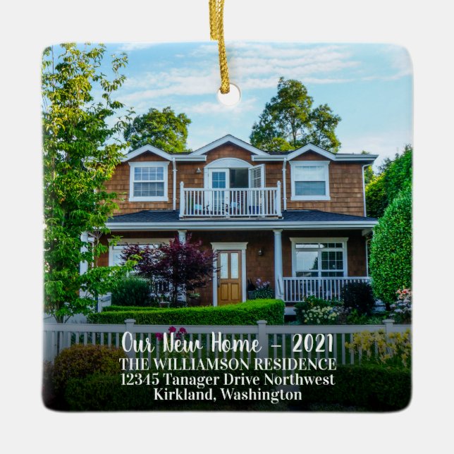 Custom 2 Photo New Home With Year, Name Ceramic Ornament (Front)