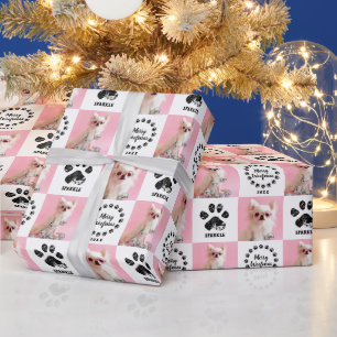Custom 2 Photo Pet Dog Paw Print Christmas Wrapping Paper