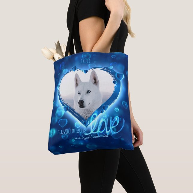Custom 2 Photo, Pet Love Tribute Blue Neon Heart - Tote Bag (Close Up)