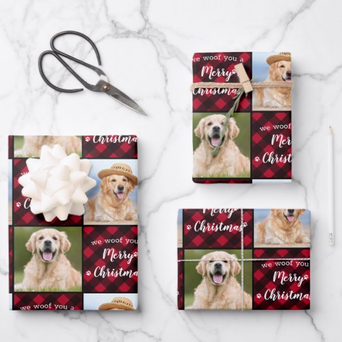 Custom 2 Photo Red Buffalo Plaid Merry Christmas Wrapping Paper Sheets