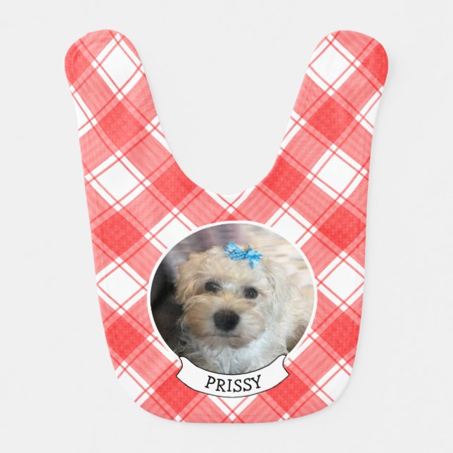 Custom 2 Photo Red & White Country Farmhouse Plaid Baby Bib (Front)