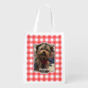 Custom 2 Photo Red & White Country Farmhouse Plaid Grocery Bag