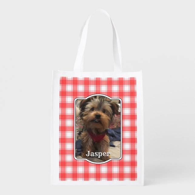 Custom 2 Photo Red & White Country Farmhouse Plaid Grocery Bag (Back)