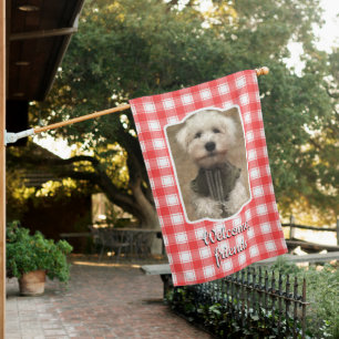 Custom 2 Photo Red & White Country Farmhouse Plaid House Flag