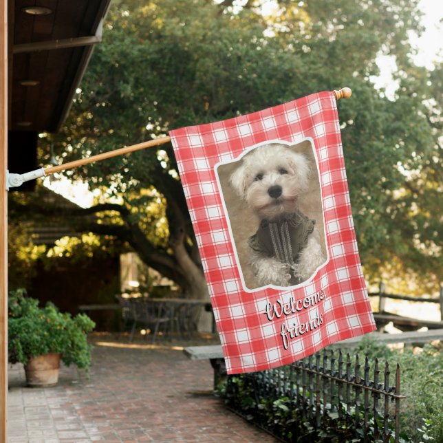 Custom 2 Photo Red & White Country Farmhouse Plaid House Flag (In SItu)