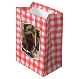 Custom 2 Photo Red & White Country Farmhouse Plaid Medium Gift Bag