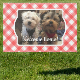 Custom 2 Photo Red & White Country Farmhouse Plaid Sign