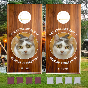  Custom 2 Photo Text Family Name Light Wood Cornhole Set