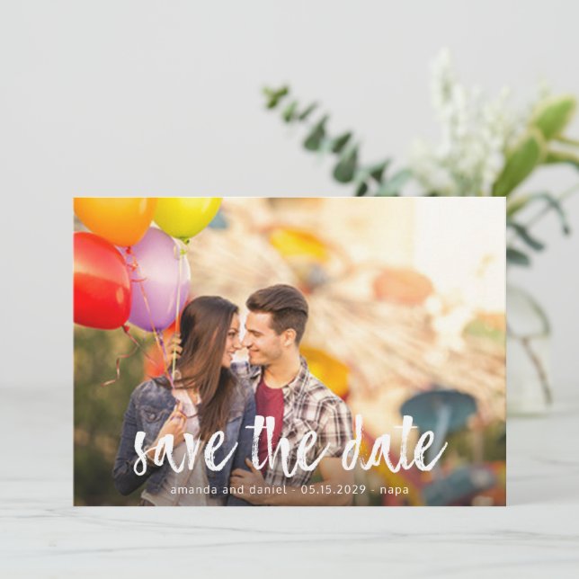 Custom 2 Photo White Brush Save the Date Card (Standing Front)
