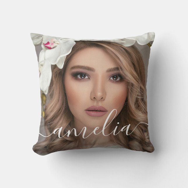 Custom 2 Photos And Name Text Script Typography Throw Pillow (Creator Uploaded)
