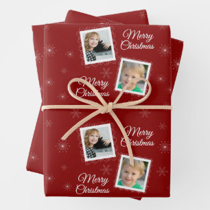 Custom 2 Photos Christmas Design on Red Wrapping Paper Sheets