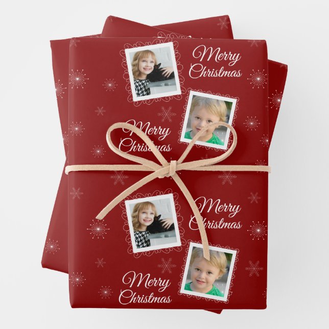 Custom 2 Photos Christmas Design on Red  Wrapping Paper Sheets (In situ)