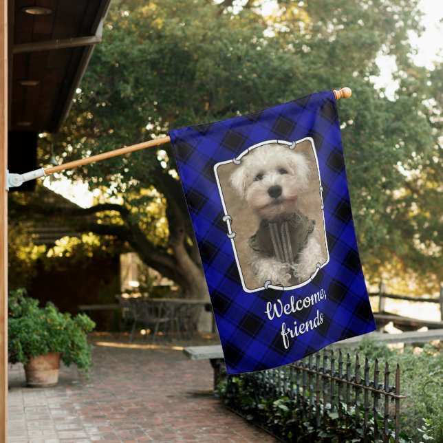 Custom 2 Photos Frame Dog Pet Blue & Black Plaid House Flag (In SItu)