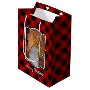 Custom 2 Photos Frame Template Christmas Red Plaid Medium Gift Bag