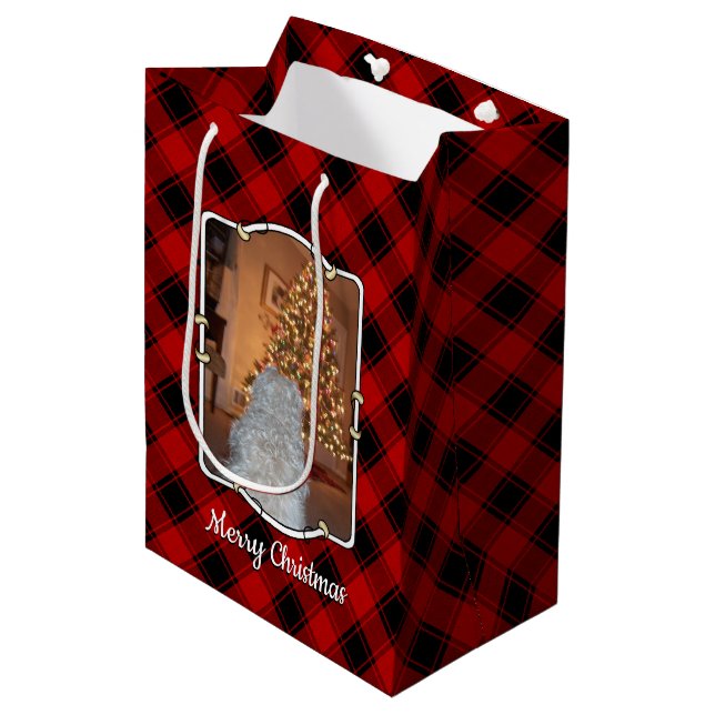 Custom 2 Photos Frame Template Christmas Red Plaid Medium Gift Bag (Front Angled)
