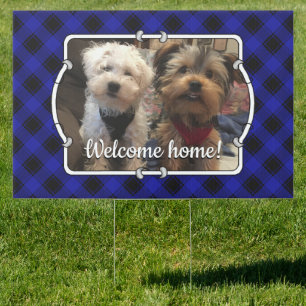 Custom 2 Photos Frame Welcome Blue & Black Plaid Sign