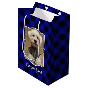 Custom 2 Photos Personalized Blue & Black Plaid Medium Gift Bag