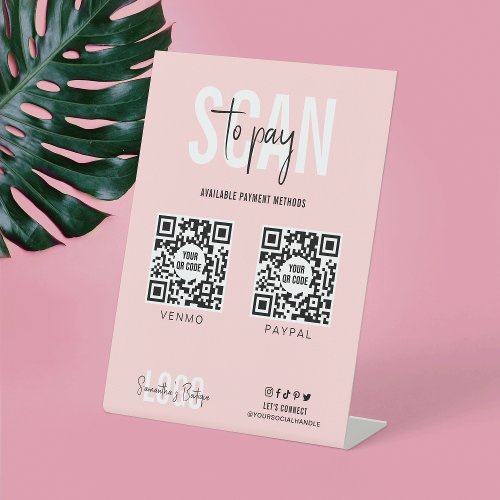 Custom 2 QR Codes Scan to Pay Pink  White Shop Pedestal Sign