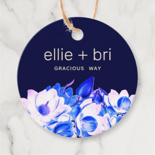Custom 2" Round Blue Navy Magnolia Floral Favor Tags