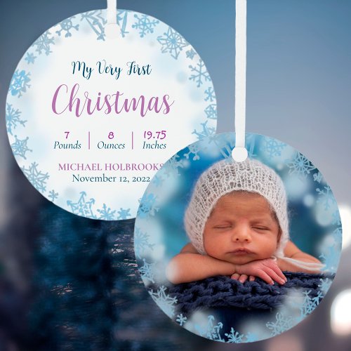 Custom 2_sided Babys Very First Christmas Photo   Metal Ornament