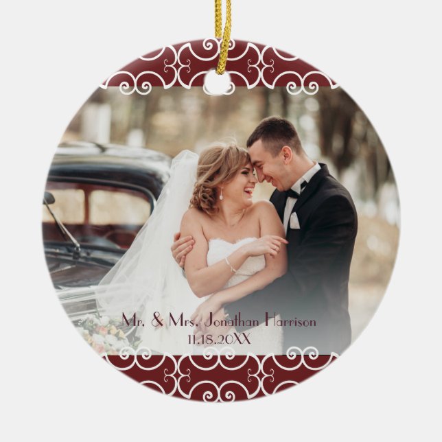 Custom 2 Sided Burgundy Elegant 2 Photo Wedding Ceramic Ornament (Front)