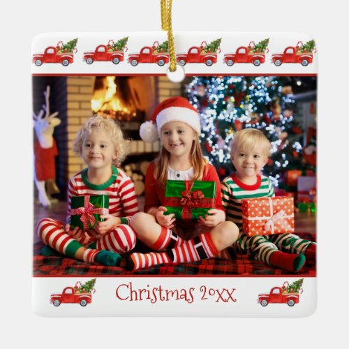 Custom 2_Sided Children Photo Red Truck Christmas Ceramic Ornament