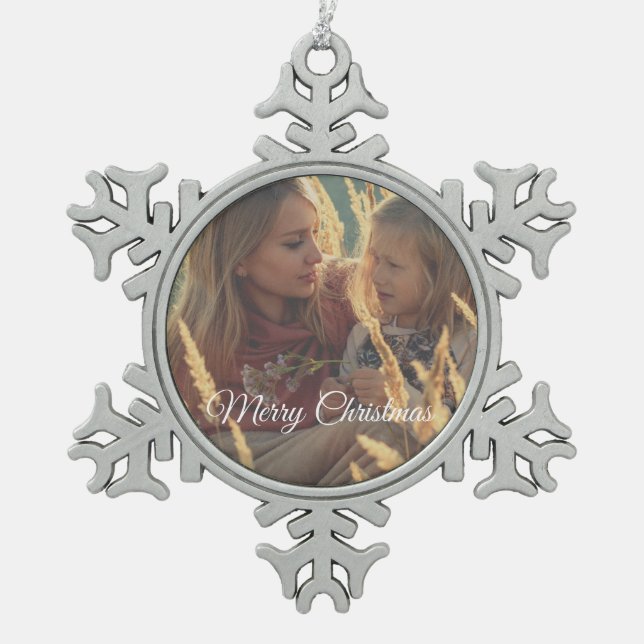custom 2 sided family photo christmas   snowflake pewter christmas ornament (Front)