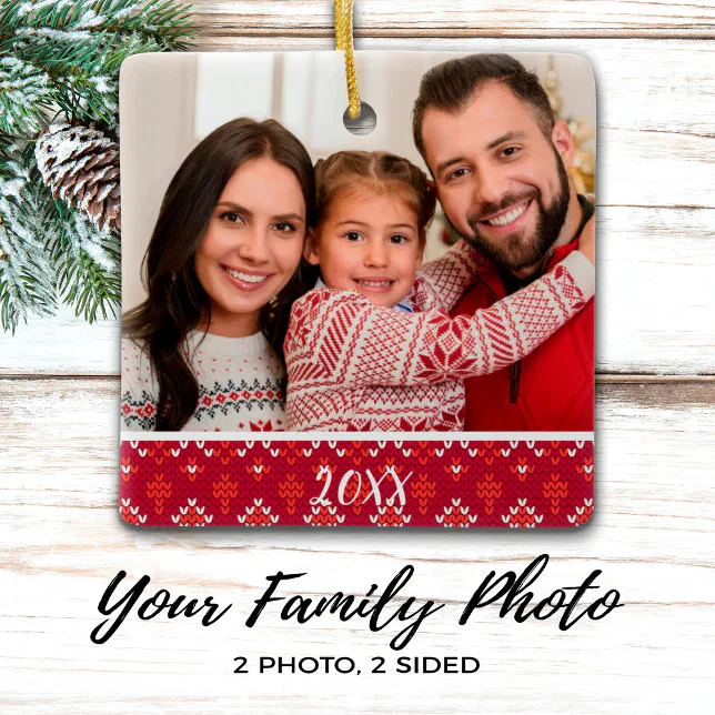 Custom 2-Sided Family Photo Nordic Christmas Ceramic Ornament | Zazzle