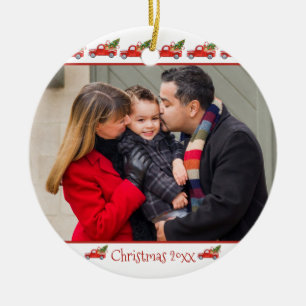Custom 2-Sided Family Photo Red Truck Christmas Ceramic Ornament