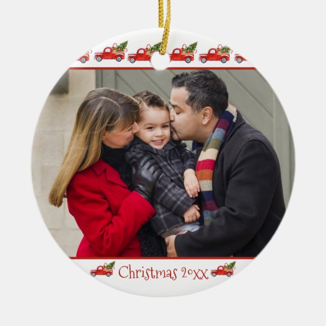 Custom 2-Sided Family Photo Red Truck Christmas Ceramic Ornament (Front)