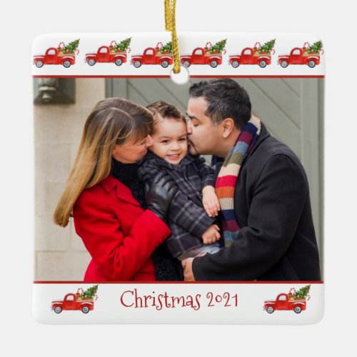 Custom 2_Sided Family Photo Red Truck Christmas Ceramic Ornament