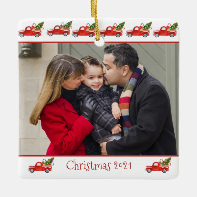 Custom 2-Sided Family Photo Red Truck Christmas Ceramic Ornament | Zazzle