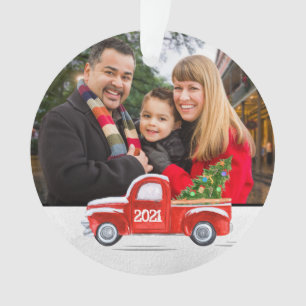 Custom 2-Sided Family Photo Red Truck Christmas Ornament