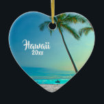 Custom 2 Sided Photo Hawaii Travel Palms Christmas Ceramic Ornament<br><div class="desc">Create a souvenir of your vacation to Hawaii with this custom elegant ornament featuring a landscape photograph of tropical palm trees standing over a sandy Hawaiian beach and boat with the year on the front, and your own photo on the back. Easy to customize with the year and your own...</div>