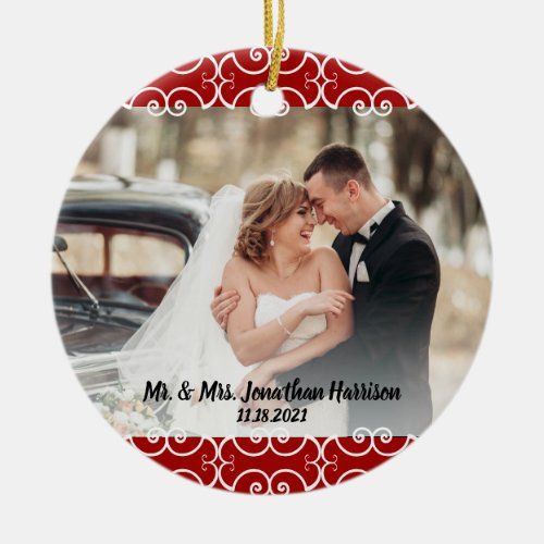 Custom 2 Sided Red White Elegant 2 Photo Wedding Ceramic Ornament